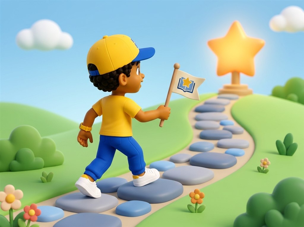 Buddie caminhando por uma trilha de pedras até uma estrela