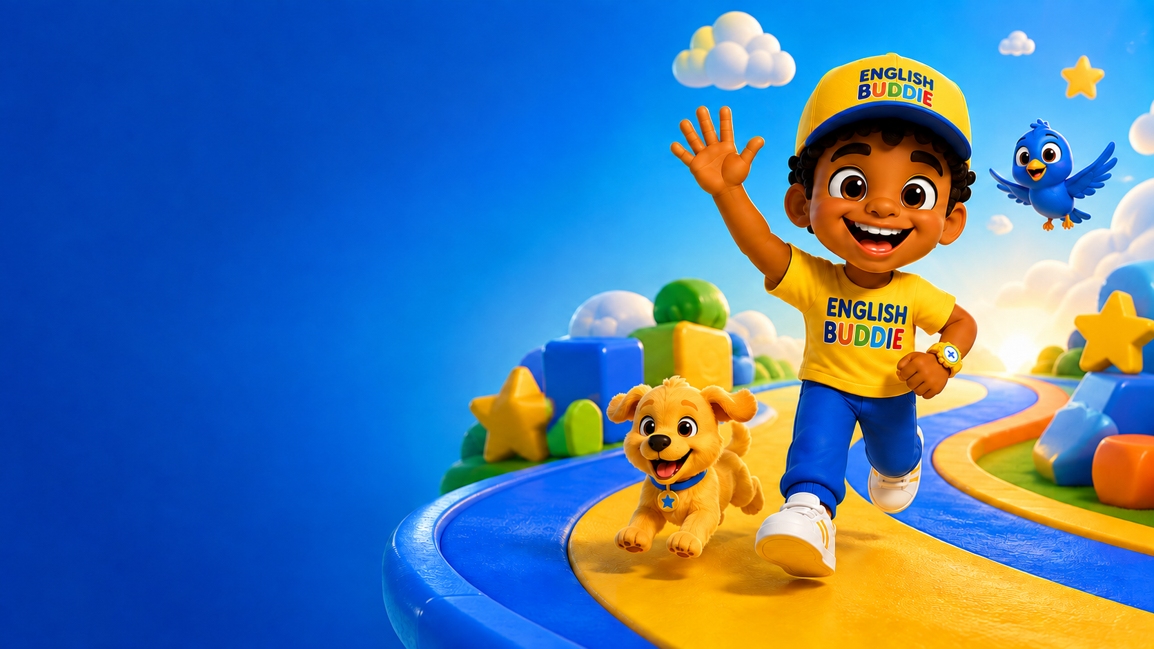 Buddie acenando em uma trilha azul, com seu cachorrinho e passarinho